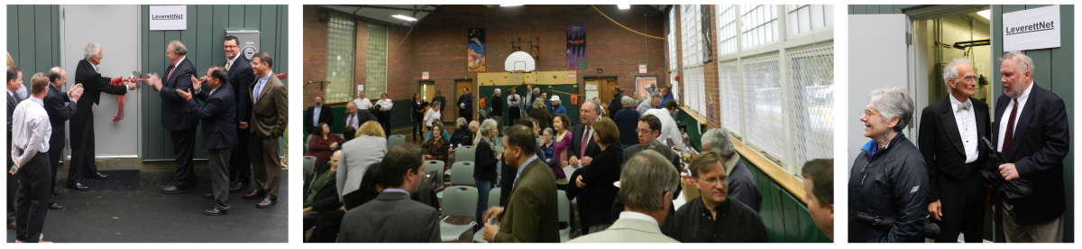 image of a ribbon cutting, crowd, and people at the announcement event